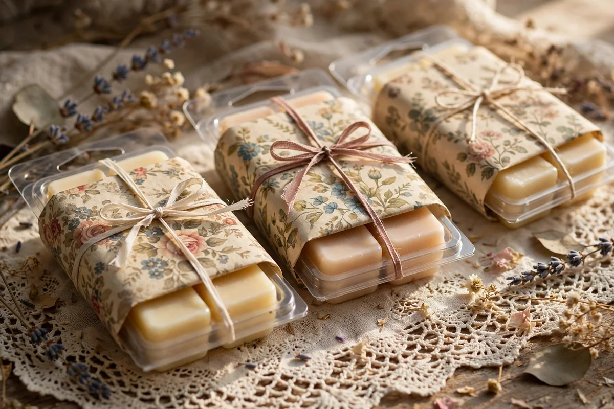 Wax melt trays wrapped in vintage floral paper and ribbon