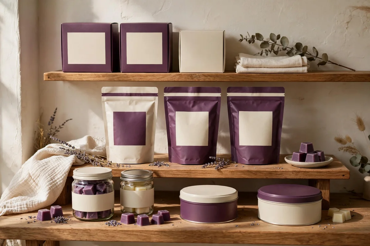 A coordinated shelf of wax melt packaging in plum and cream