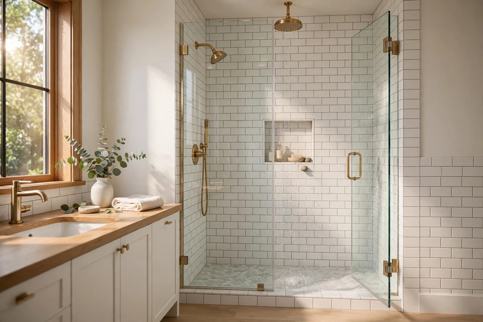 Bright clean bathroom with sparkling walk-in shower and fresh white grout lines