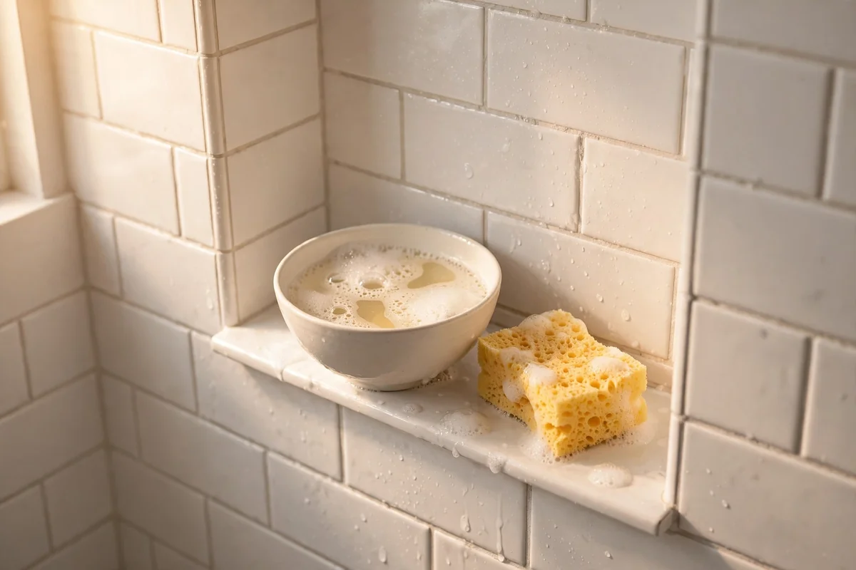 Bowl of warm soapy water and sponge on a shower shelf beside white tiles