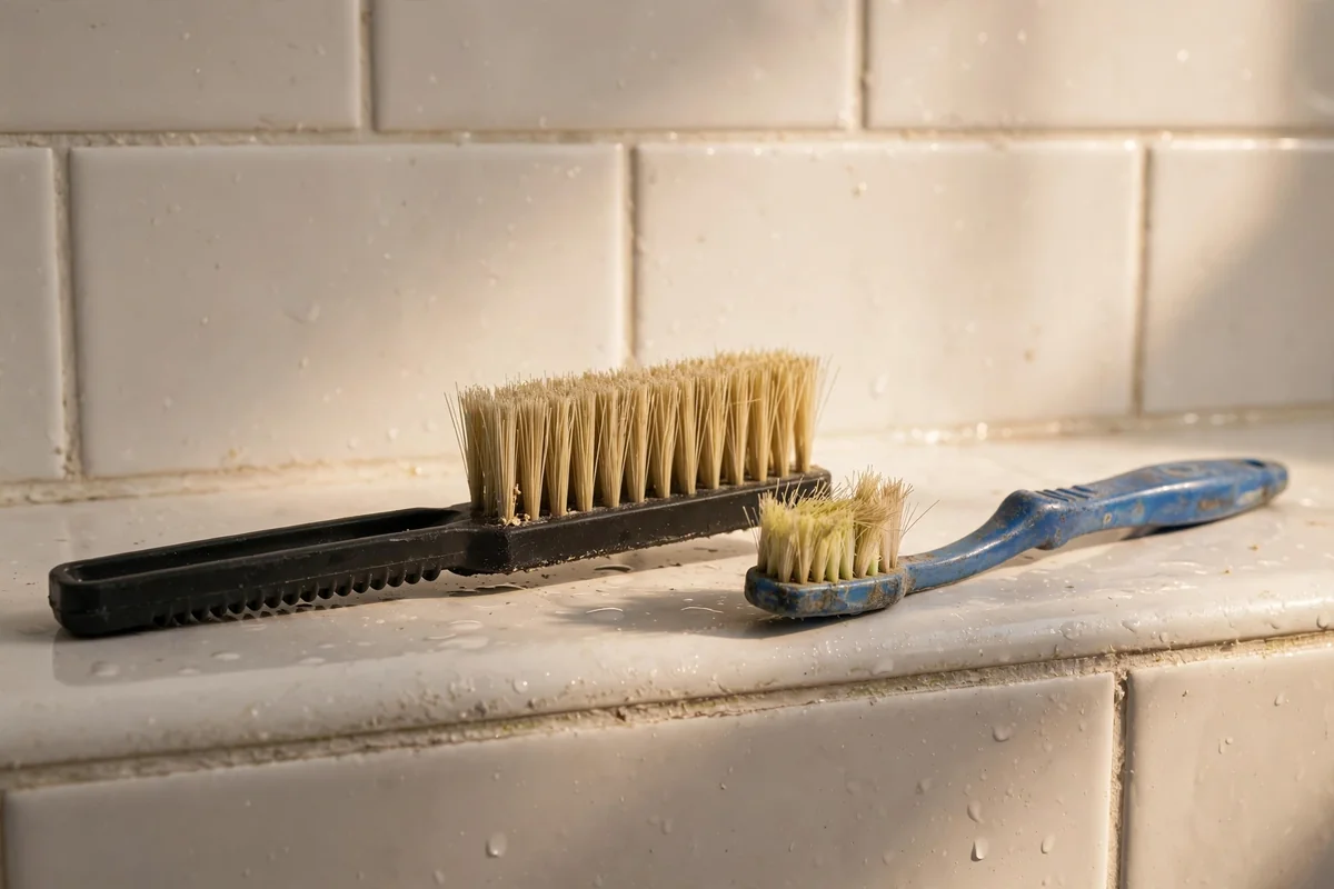 Narrow nylon grout brush beside a toothbrush on a clean shower ledge