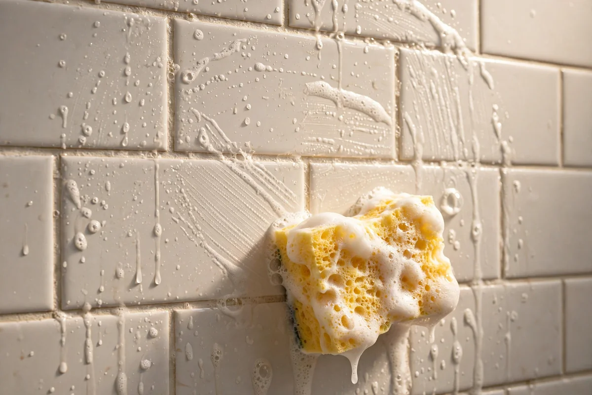 Shower tiles with soap residue being wiped with a soapy sponge