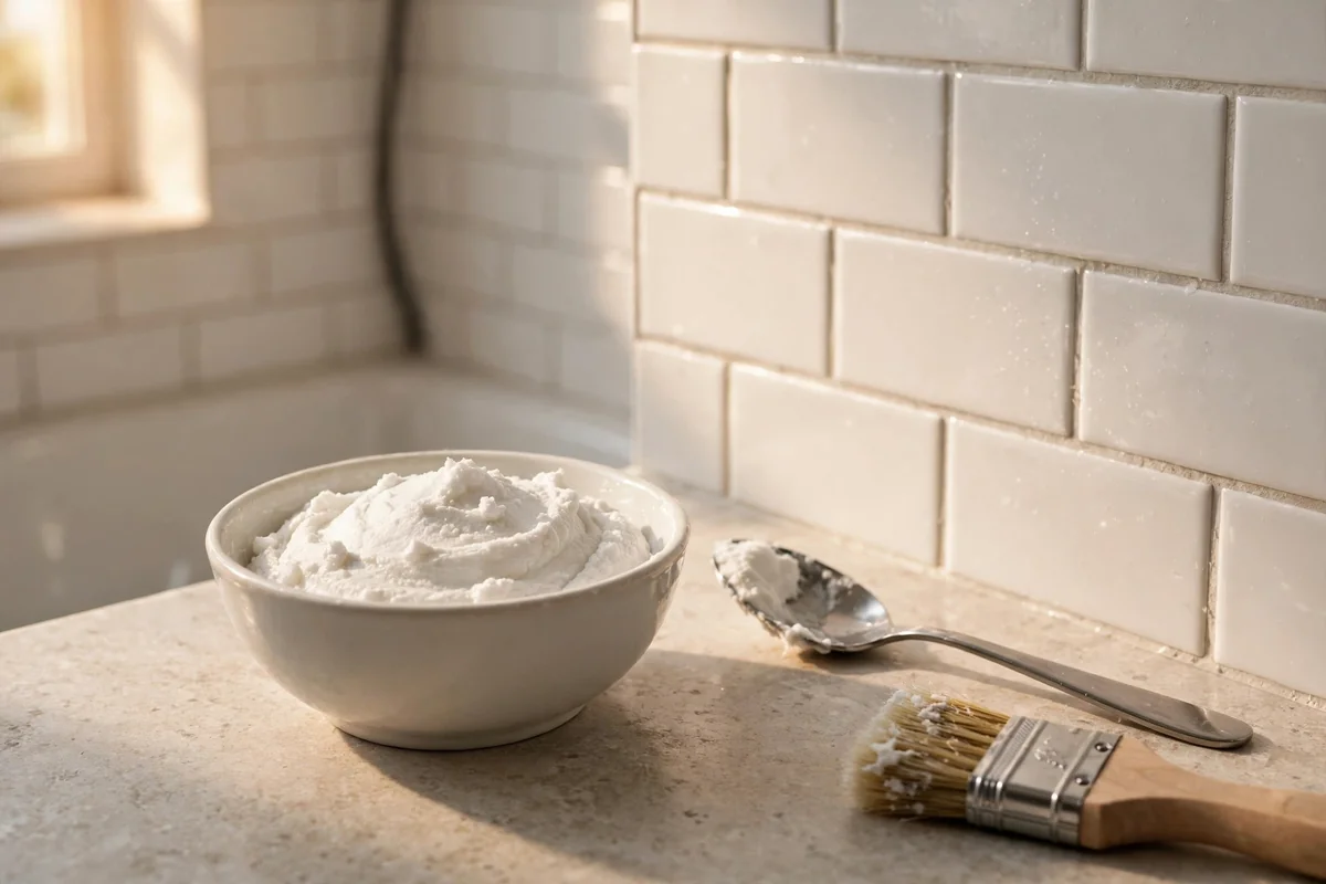 Bowl of baking soda paste with a spoon beside a tiled shower wall