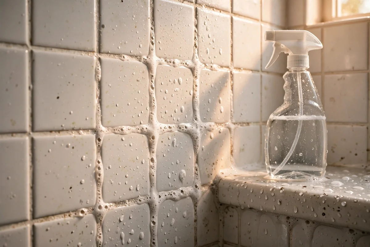 Cleaning solution sprayed along shower grout lines with a spray bottle nearby