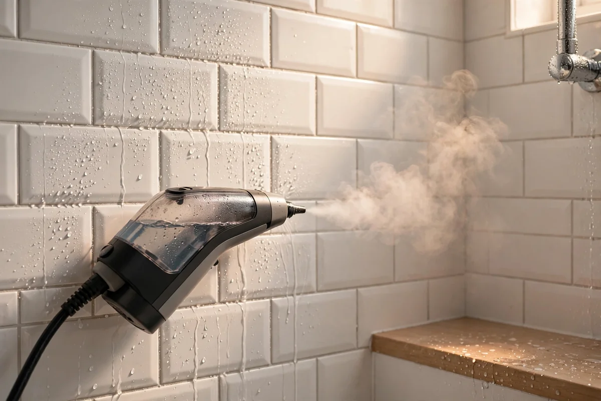 Handheld steam cleaner releasing gentle steam near white shower tiles