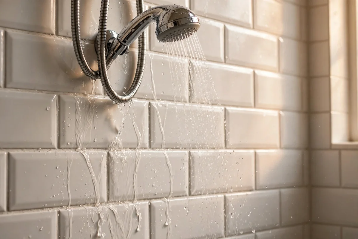 Clean water rinsing down white shower wall tiles from a handheld showerhead