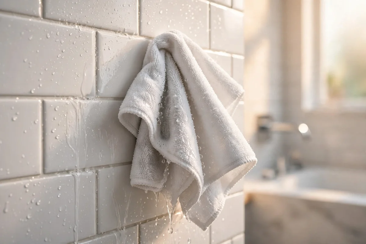 Clean microfiber cloth wiping a freshly cleaned shower tile wall
