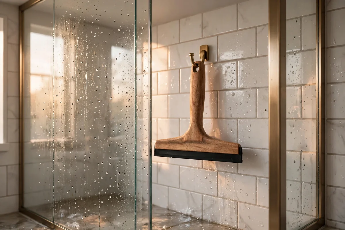 Shower squeegee with wooden handle hanging inside a glass shower enclosure