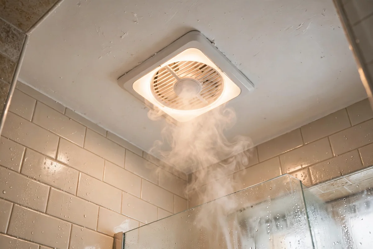 Bathroom ceiling exhaust fan vent with gentle steam in a bright bathroom