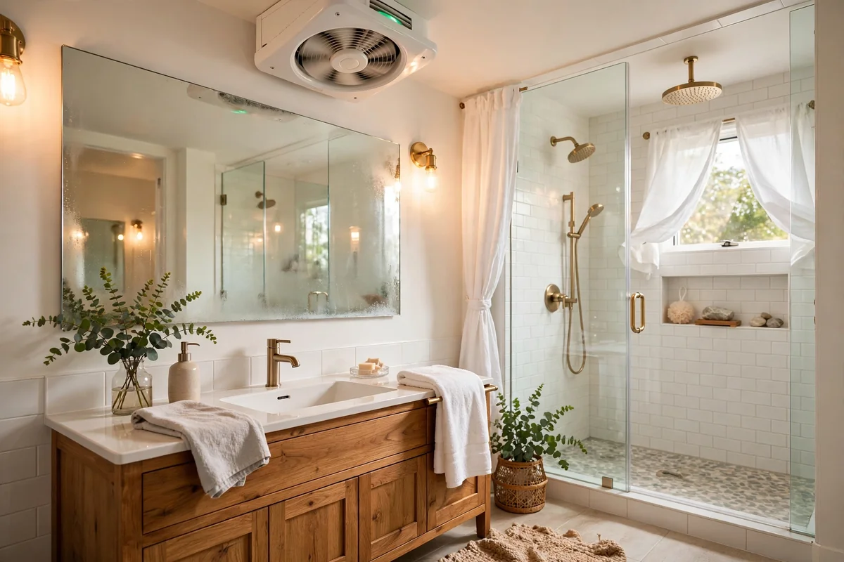 Bright bathroom with the exhaust fan running and a clear mirror