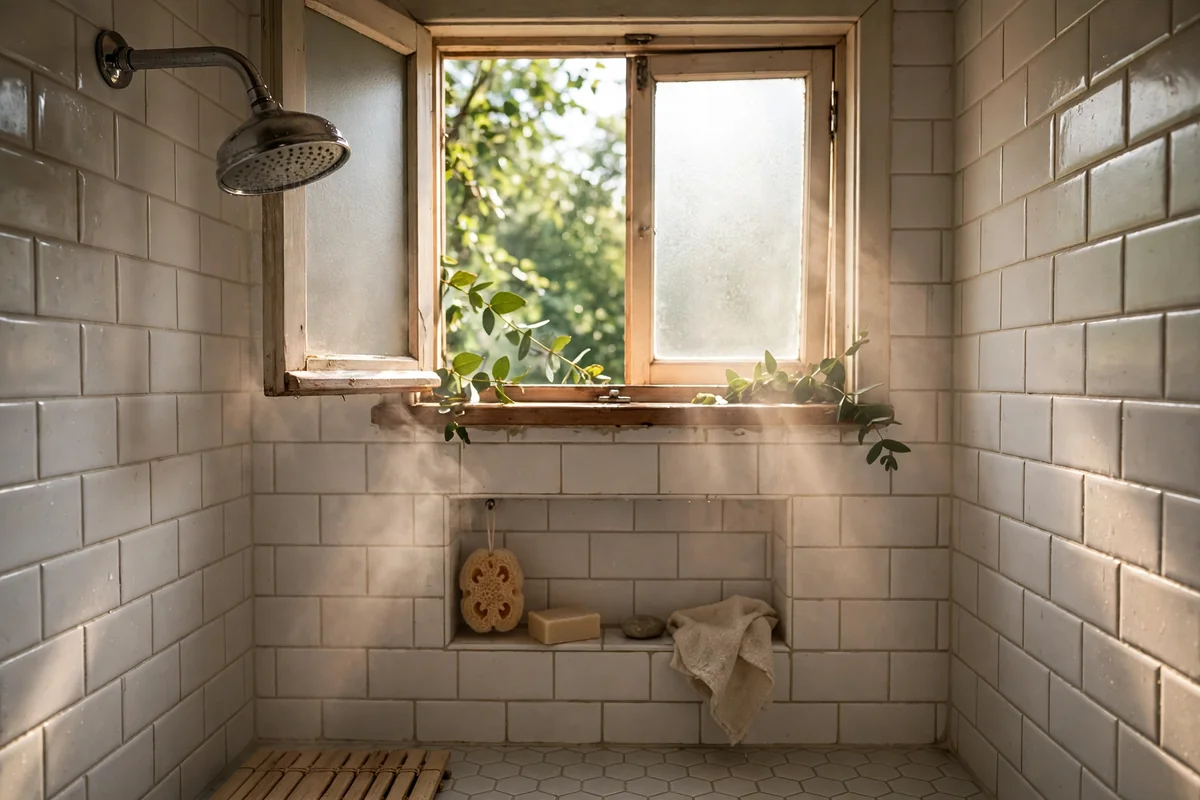 Small bathroom window cracked open above a shower with daylight streaming in