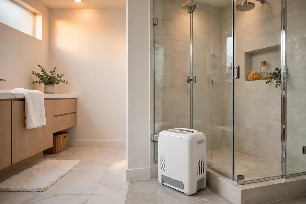 Compact white dehumidifier in the corner of a bright bathroom