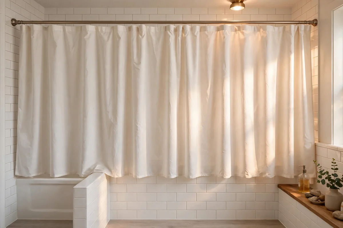 Shower curtain pulled fully across its rod in a bright bathroom