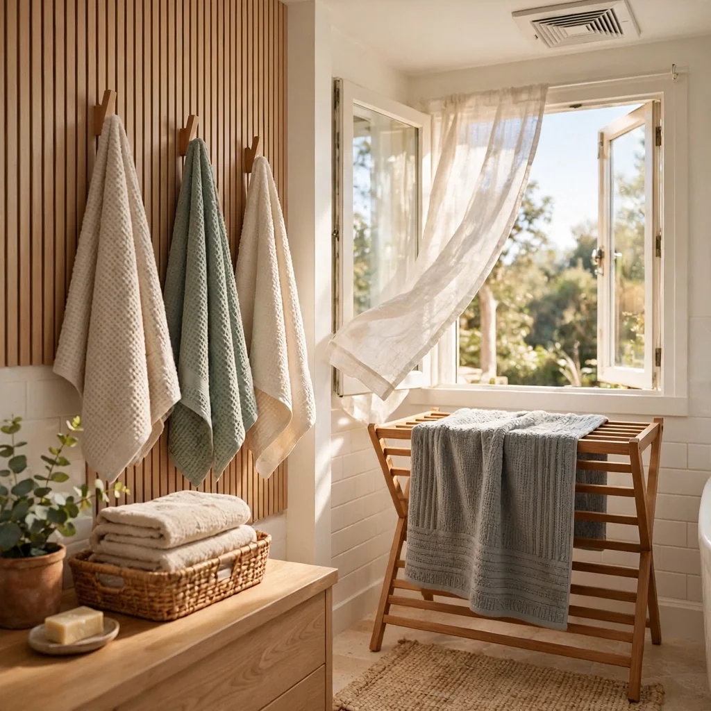 Fresh towels on wall hooks and a bath mat draped over a rack in a bright bathroom