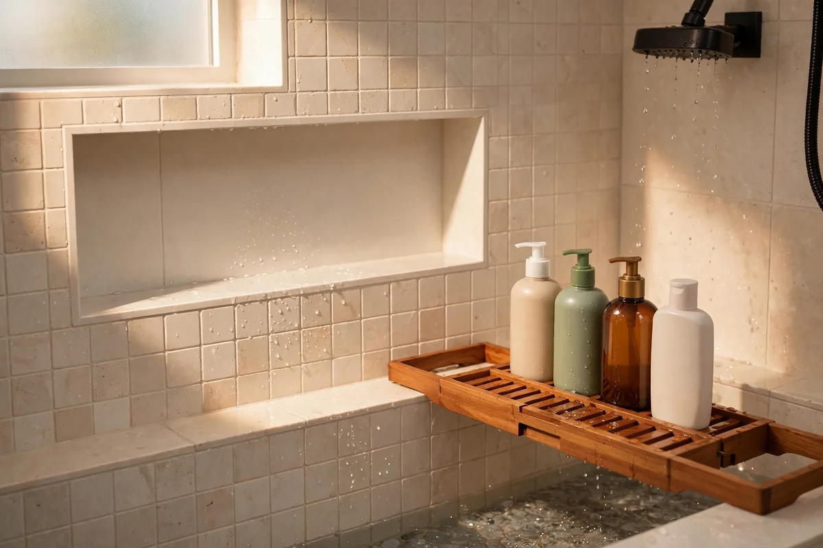 Shower shelf cleared of bottles showing clean tile, bottles on a teak caddy