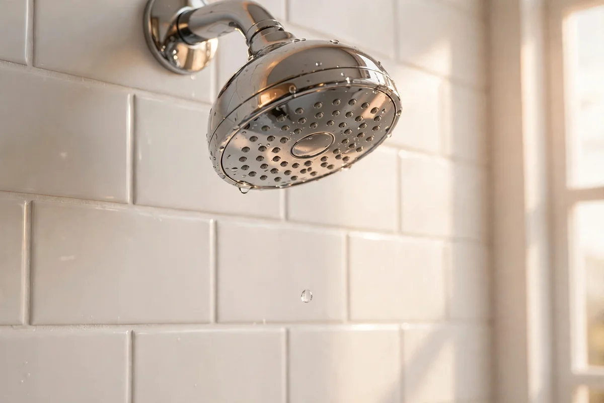 Chrome showerhead with a single water droplet against white tile