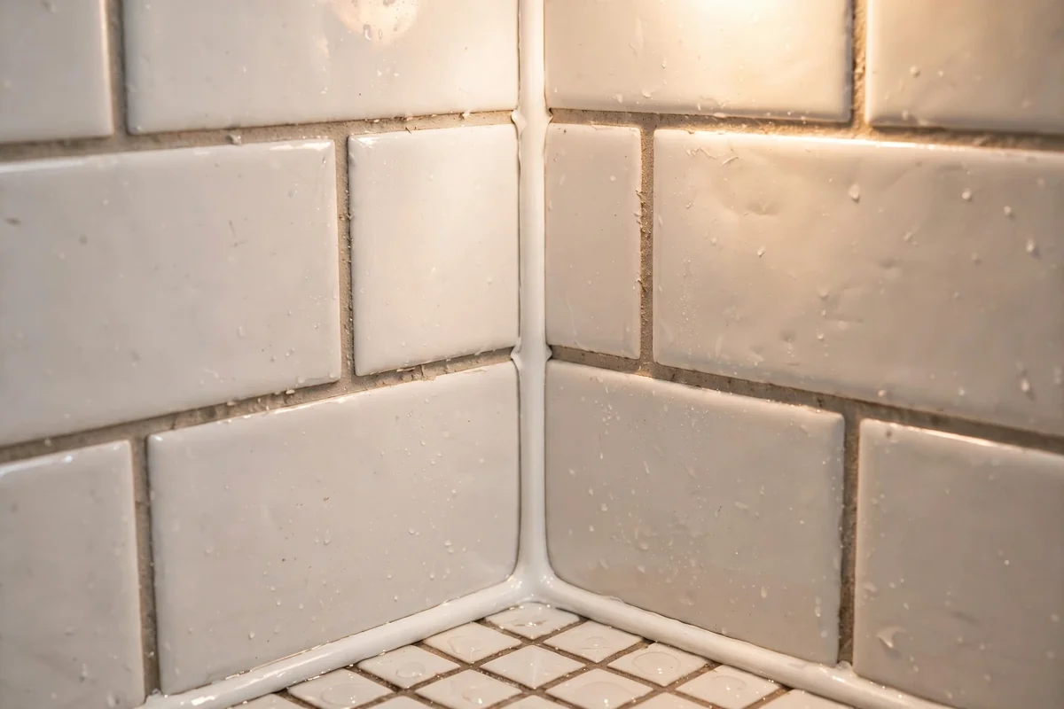 Close-up of a shower corner with a clean intact white caulk line