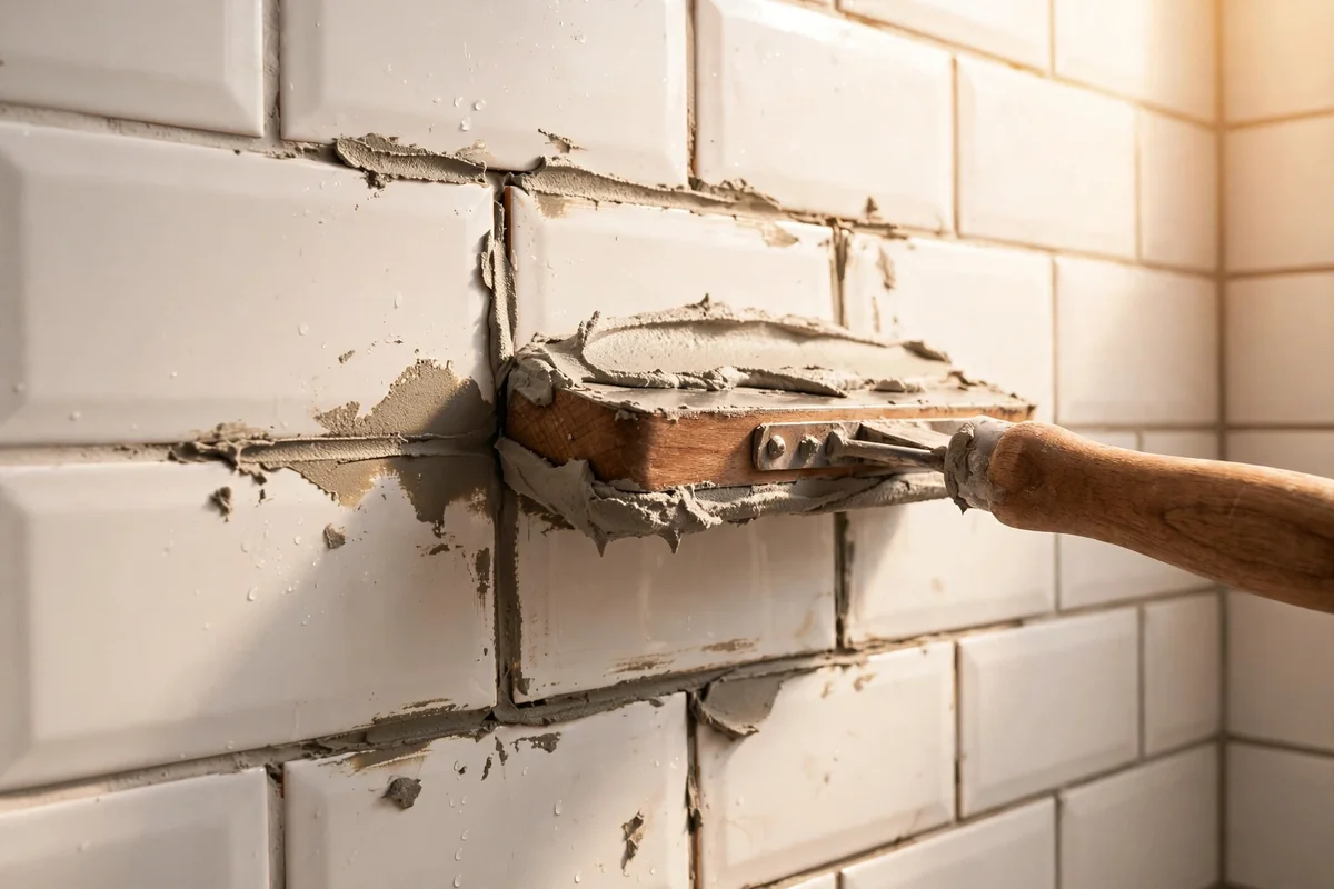 Fresh grout being applied between white shower tiles with a grout float
