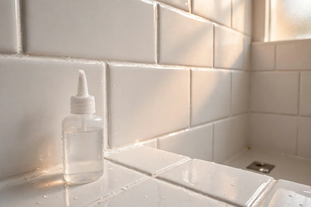 Grout sealer applicator bottle beside clean white shower grout lines