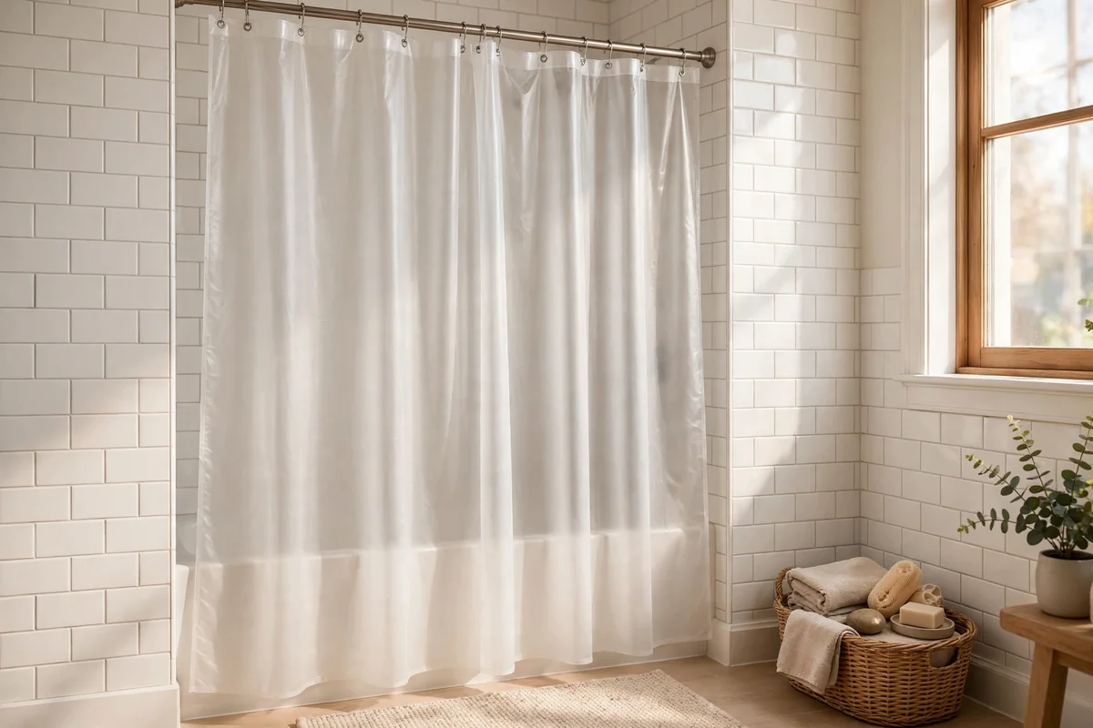 Fresh clean shower curtain liner hanging smoothly in a bright bathroom