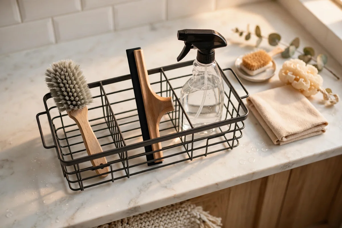 Organized shower caddy with brush, squeegee, and spray bottle on a bathroom counter