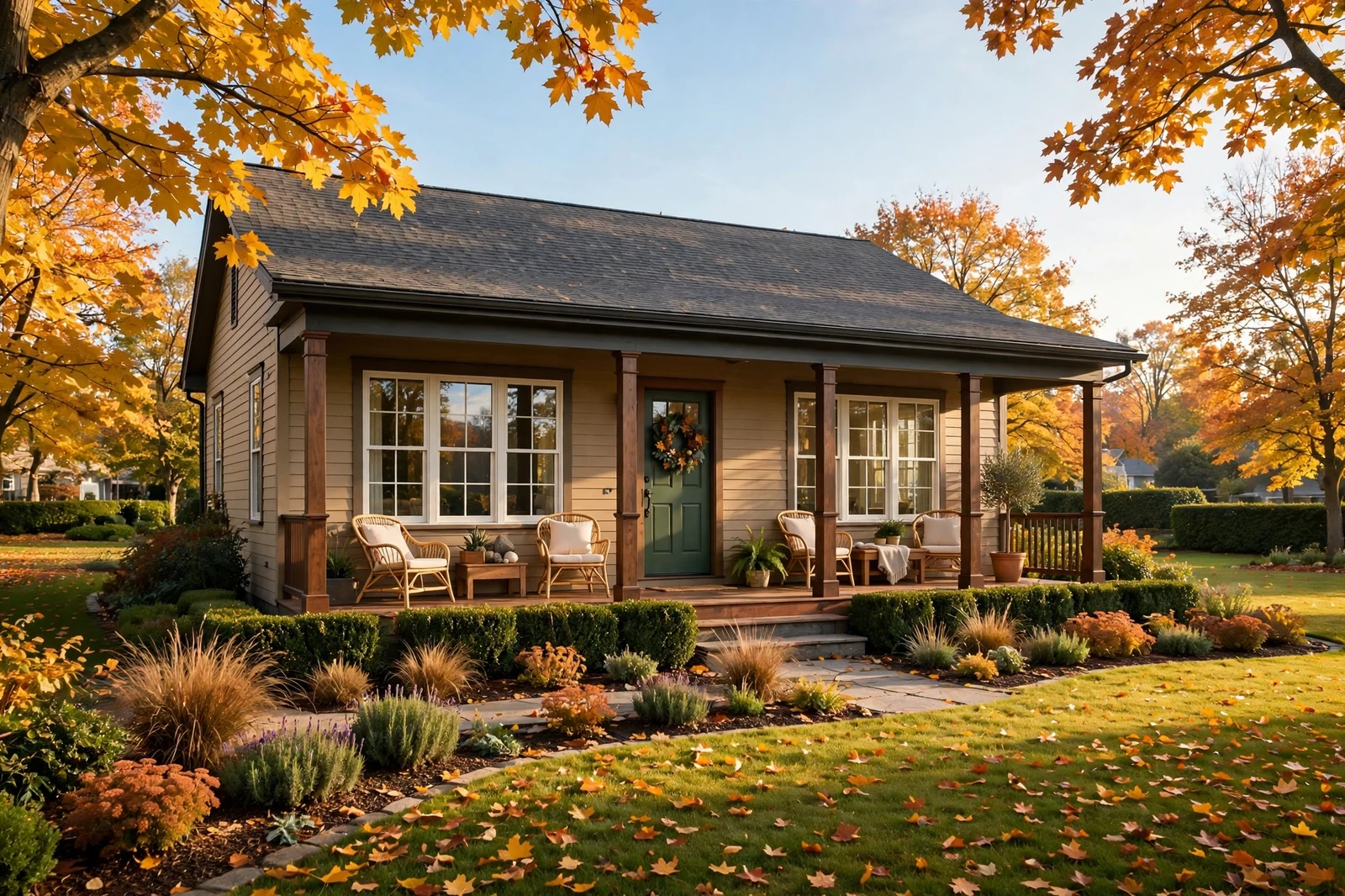 Tidy home exterior on a bright autumn morning with clean windows and a neat garden