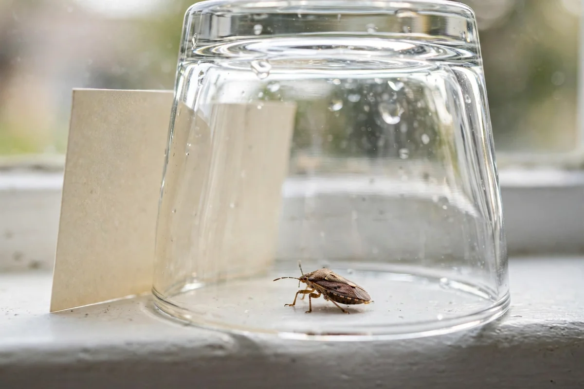 Clear glass and card used to gently capture a stink bug on a windowsill