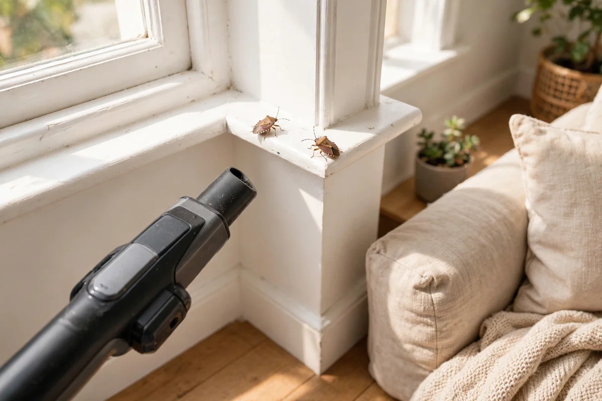 Handheld vacuum nozzle near stink bugs on a bright window frame