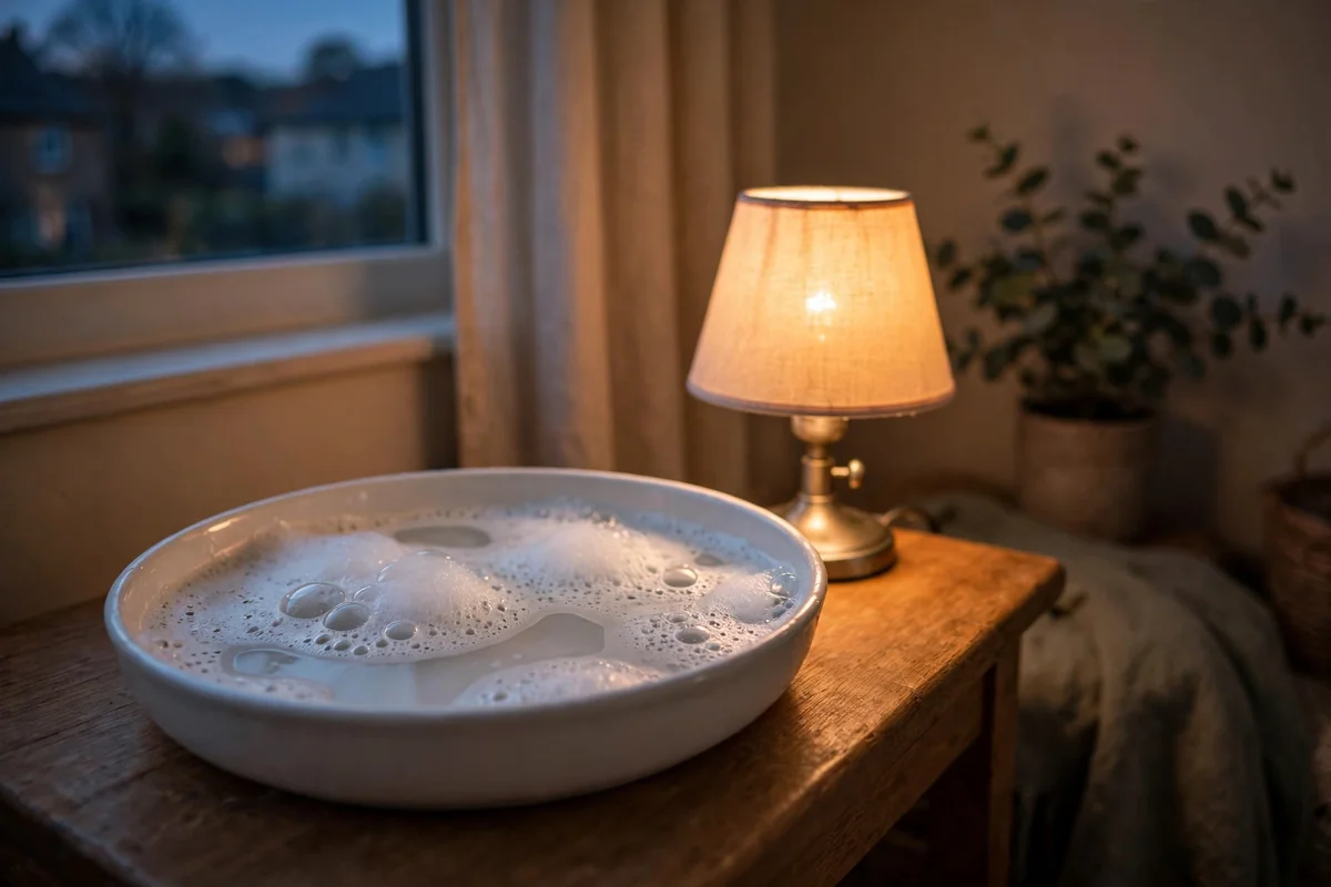 Soapy water dish beside a glowing lamp forming a simple stink bug trap