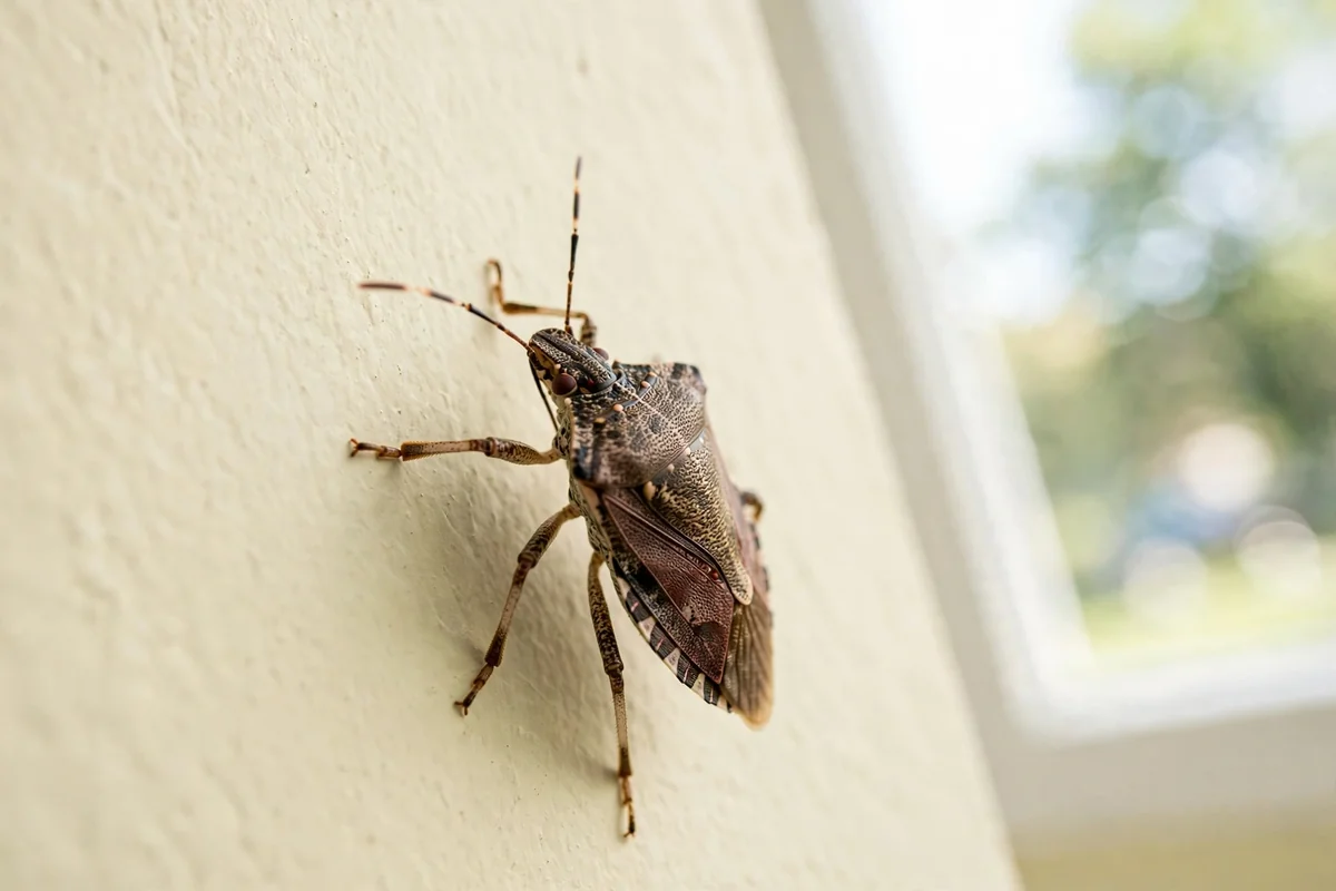 Close-up of a brown marmorated stink bug on a pale wall