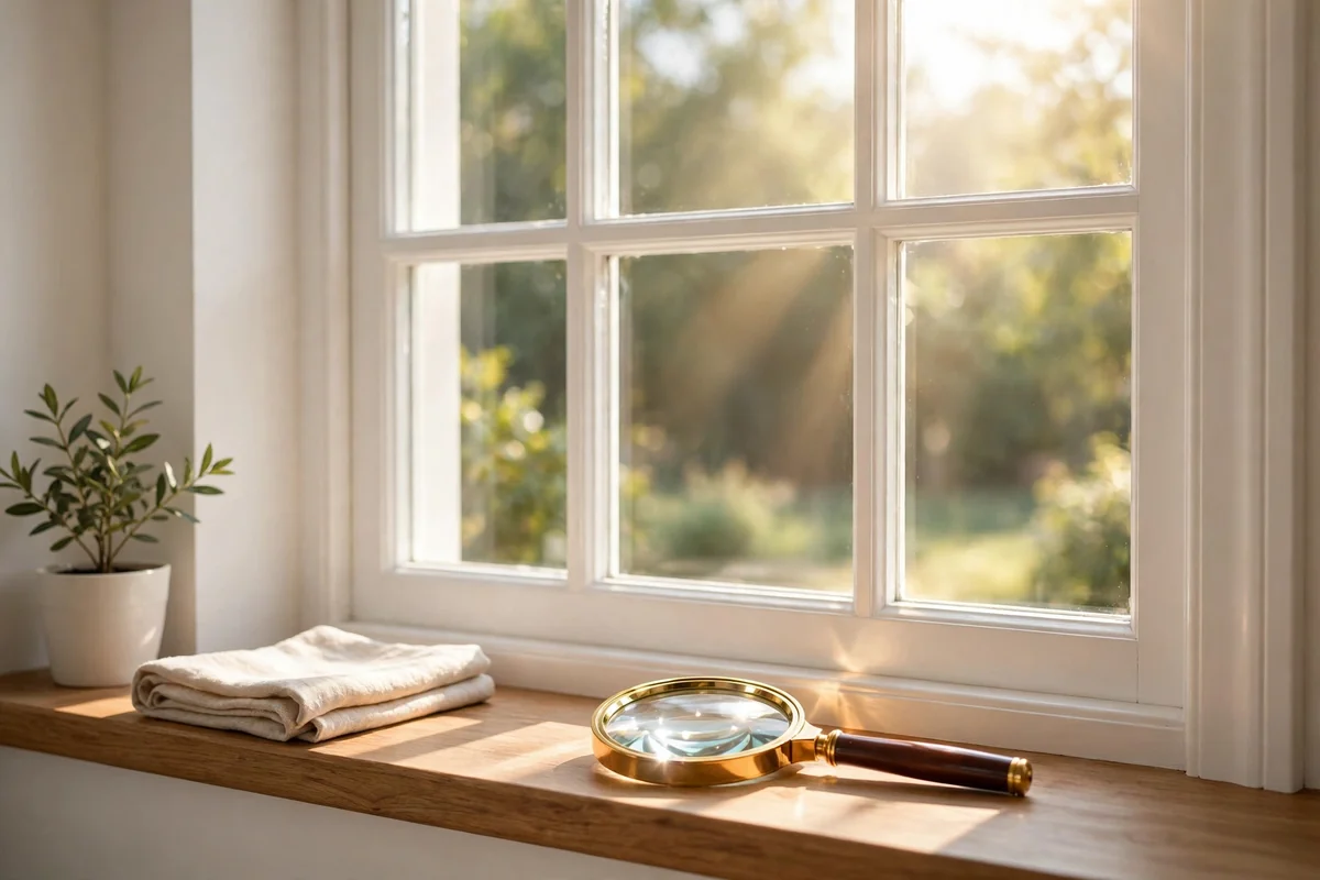 Magnifying glass on a windowsill during a daylight window frame inspection
