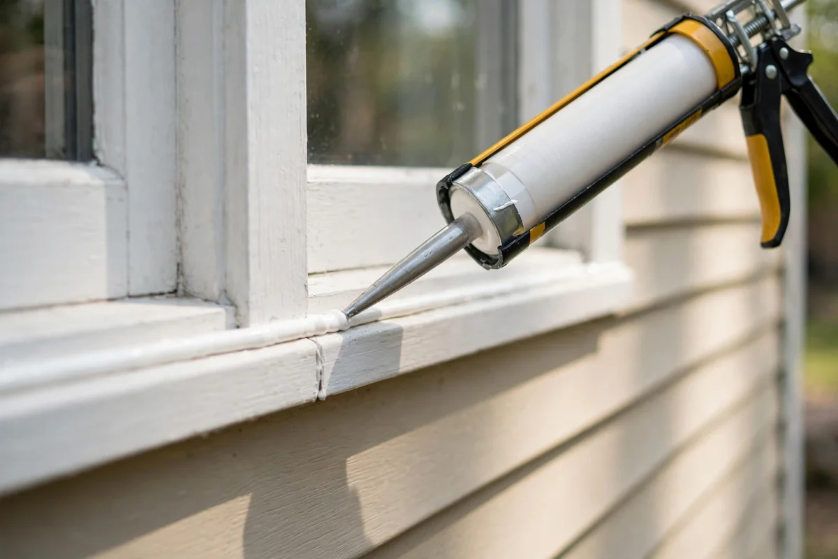 Caulking gun sealing a window frame seam with white exterior caulk