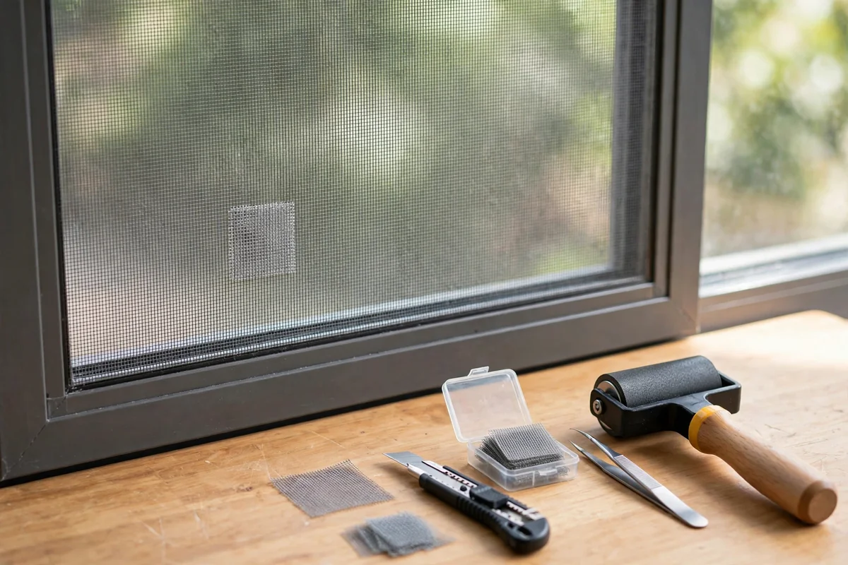 Window screen with a repair patch and screen repair tools nearby