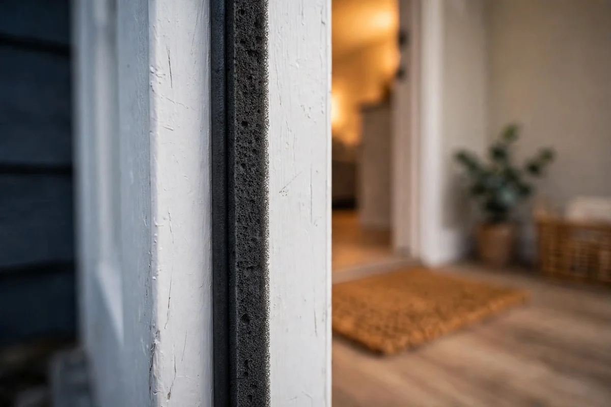 New weather stripping fitted around a white exterior door frame
