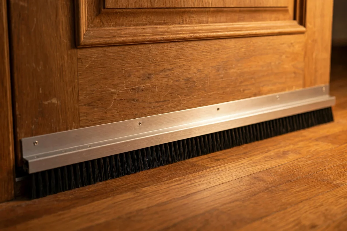 Door sweep installed along the bottom of a wooden front door