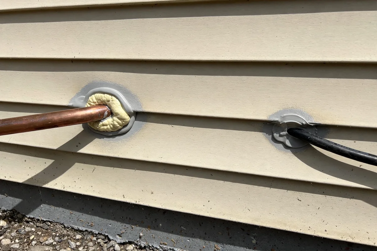 Sealed pipe and cable entry points on an exterior house wall
