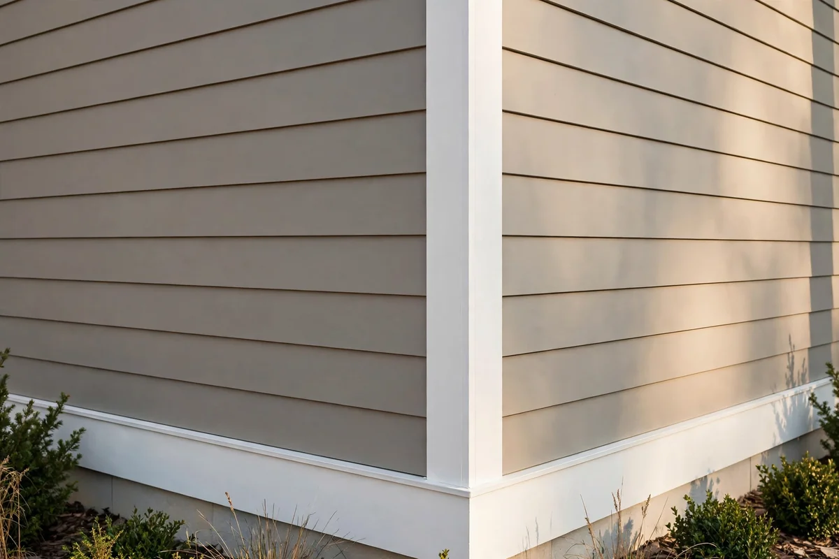 Clean siding meeting white trim boards at a house corner