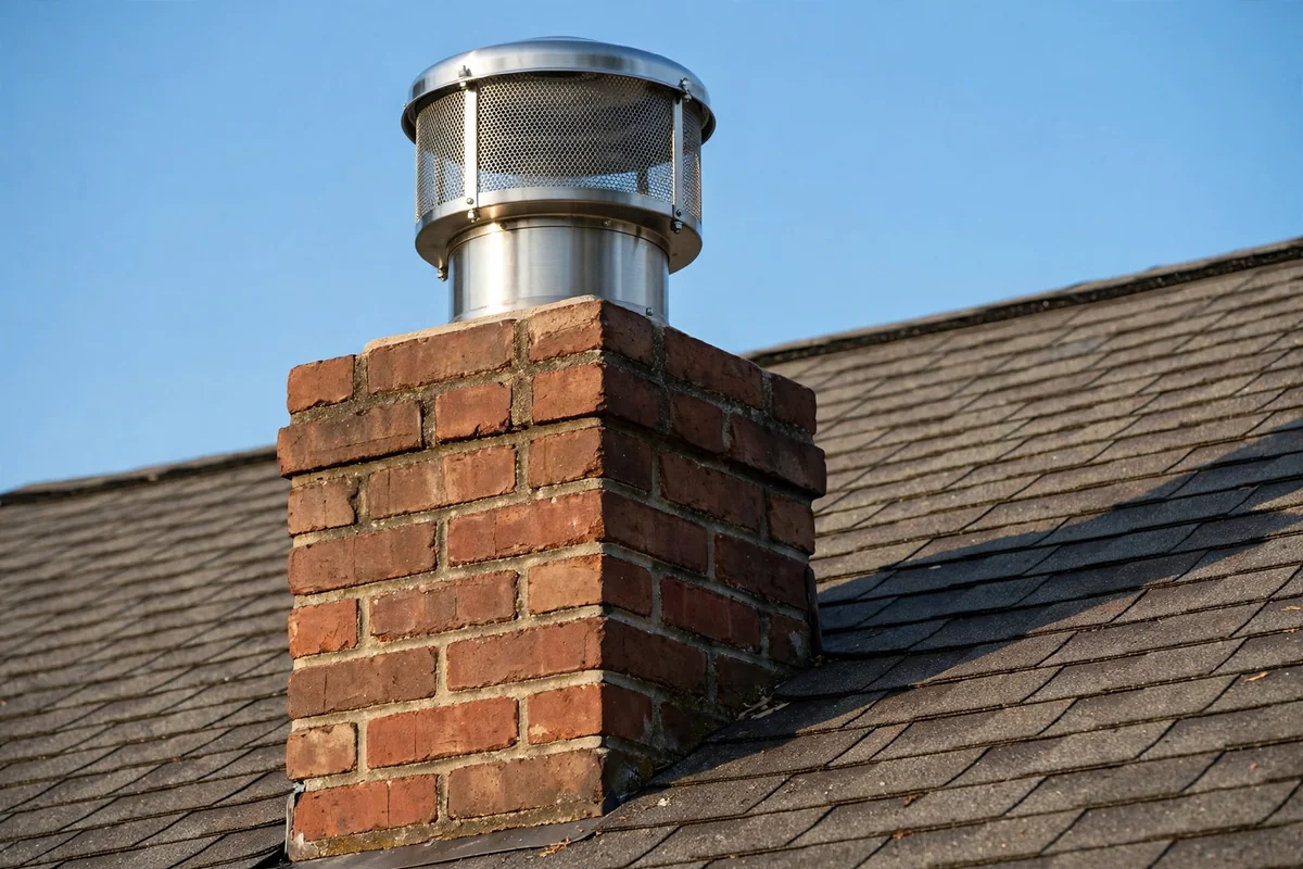 Brick chimney with a steel cap and mesh spark arrestor