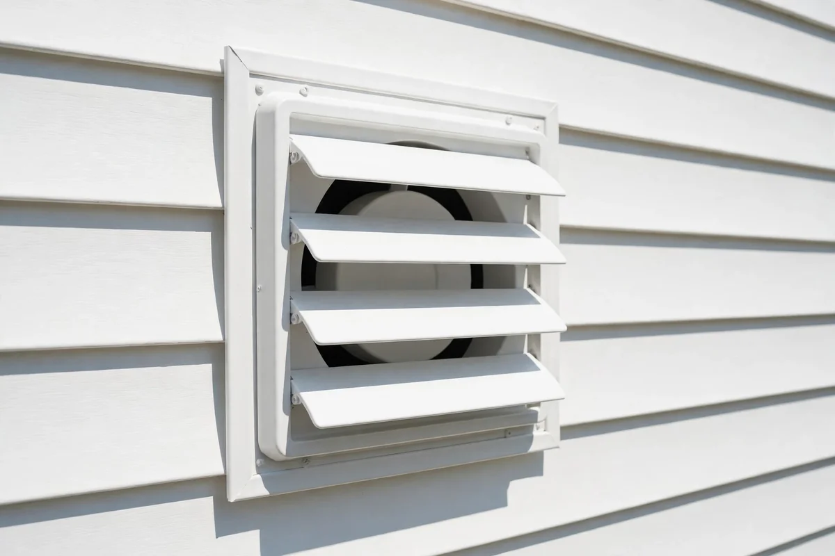 Clean dryer vent cover with louvers on an exterior wall