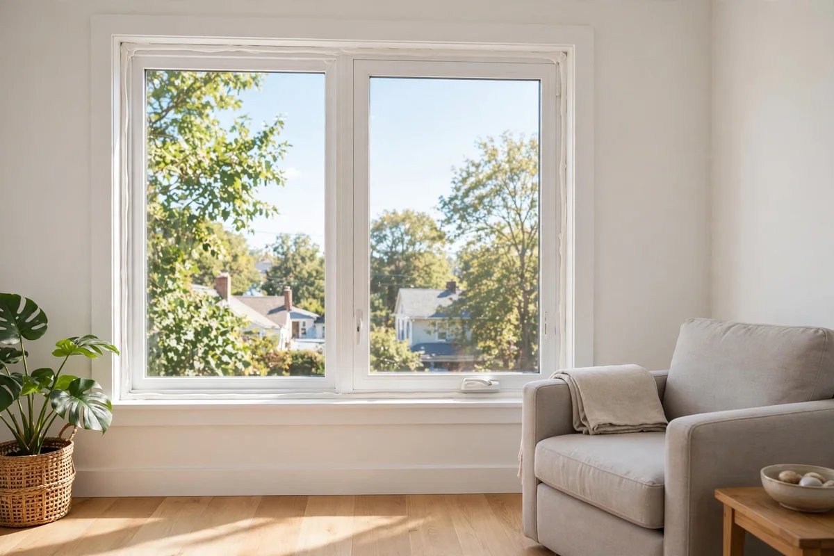 Window with air conditioner removed, closed and freshly caulked