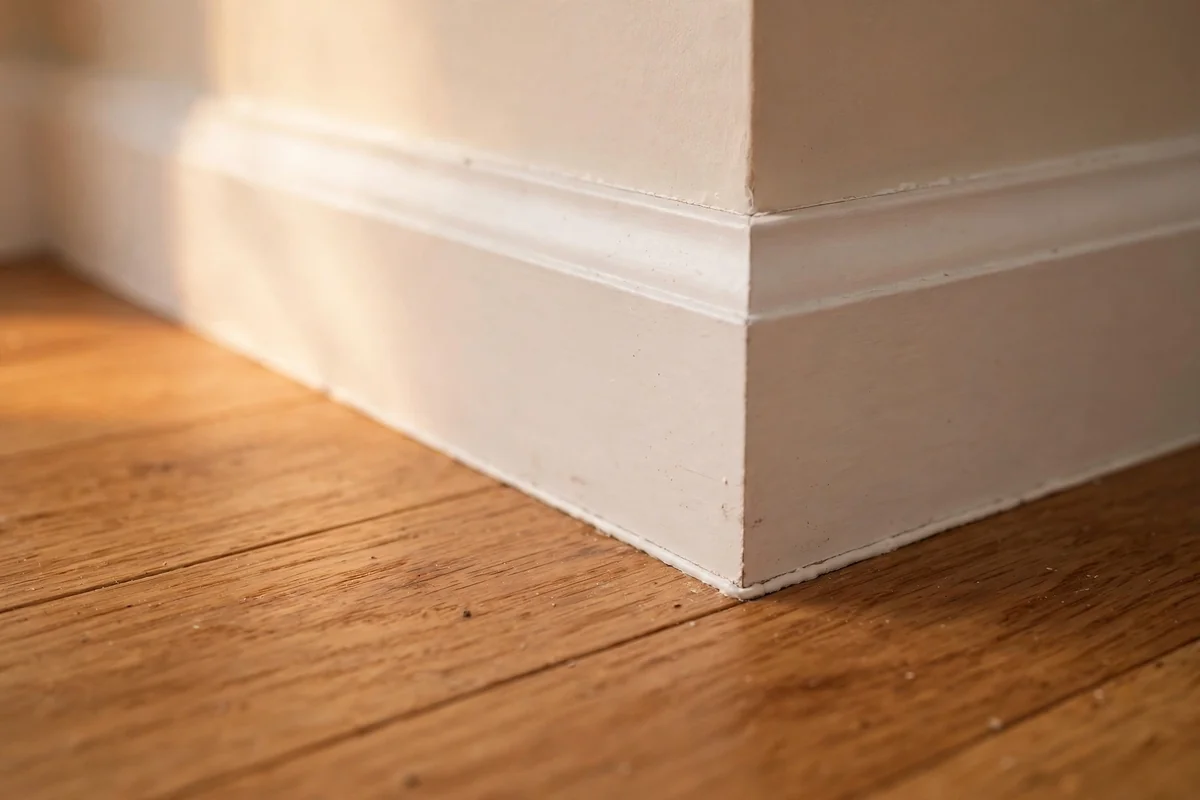 Caulked seam where a white baseboard meets a hardwood floor