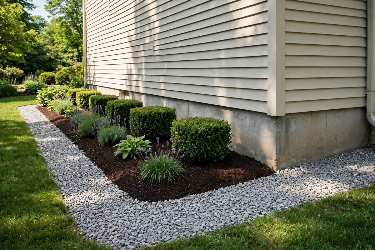 Tidy foundation perimeter with gravel bed and trimmed plants