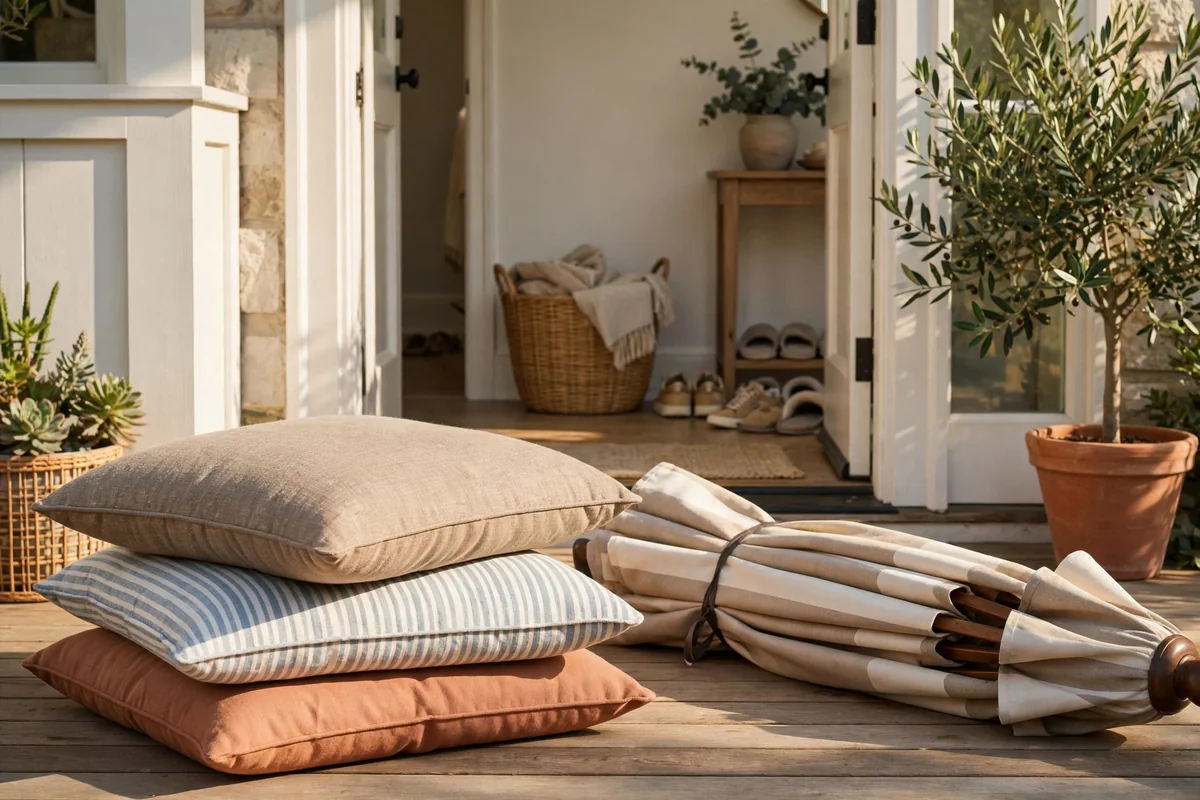 Patio cushions and folded umbrella on a sunny porch by a doorway