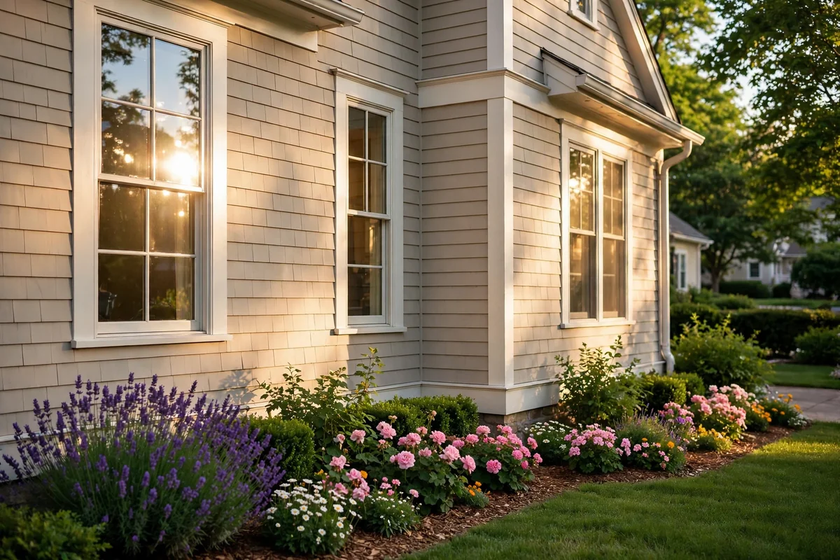 Sunlit side of a house with warm afternoon sun on windows