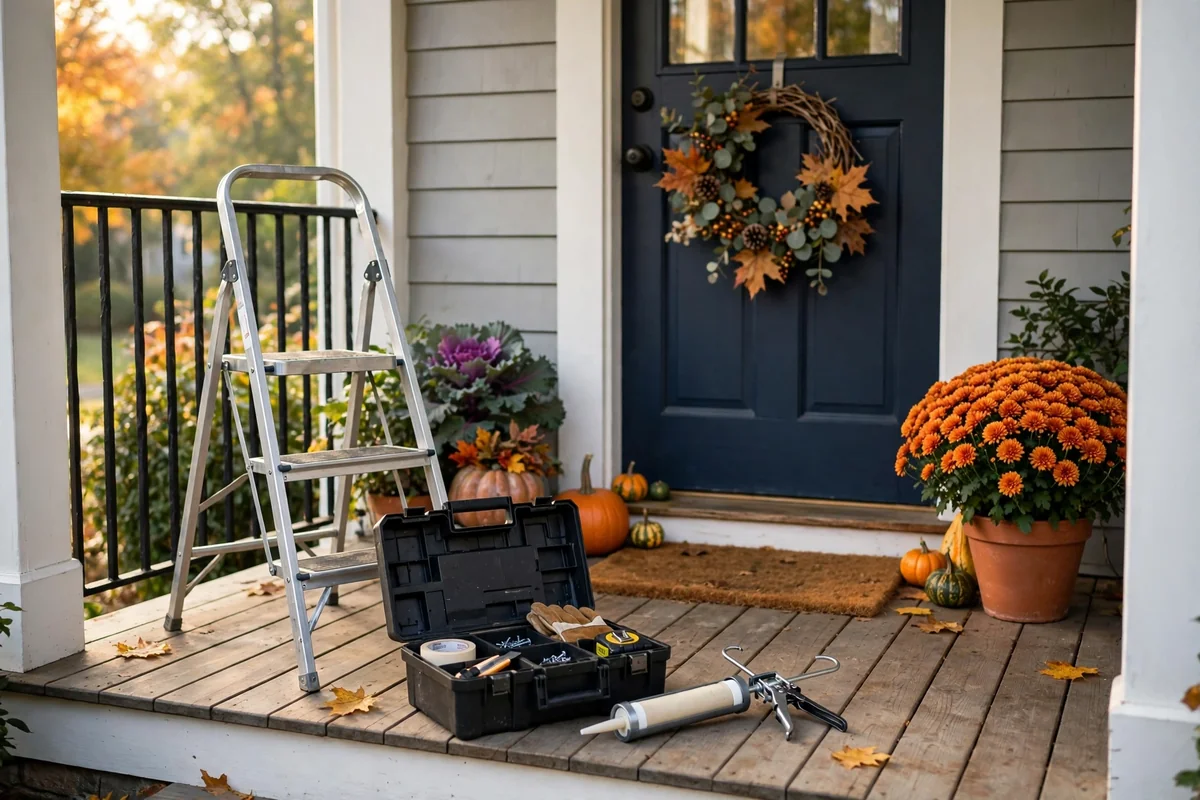 Front porch with ladder, toolbox and caulk gun ready for autumn maintenance