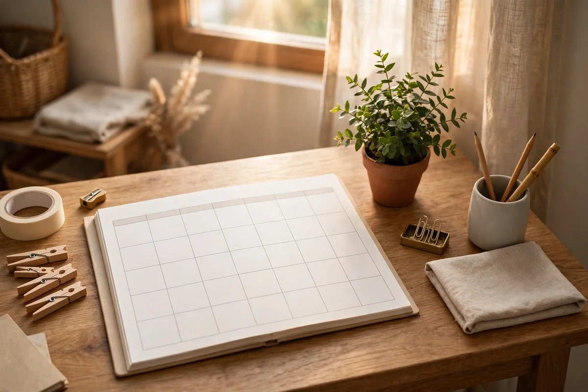 Home maintenance planner with blank calendar on a wooden desk