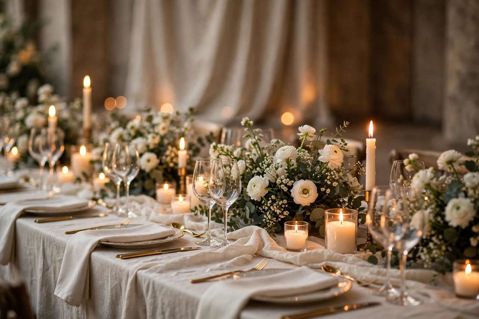 Elegant wedding reception table with low white flowers and glowing candles