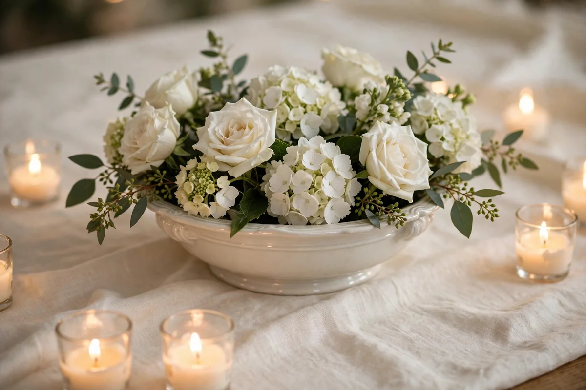 Low white floral centerpiece in a classic bowl on an ivory wedding table