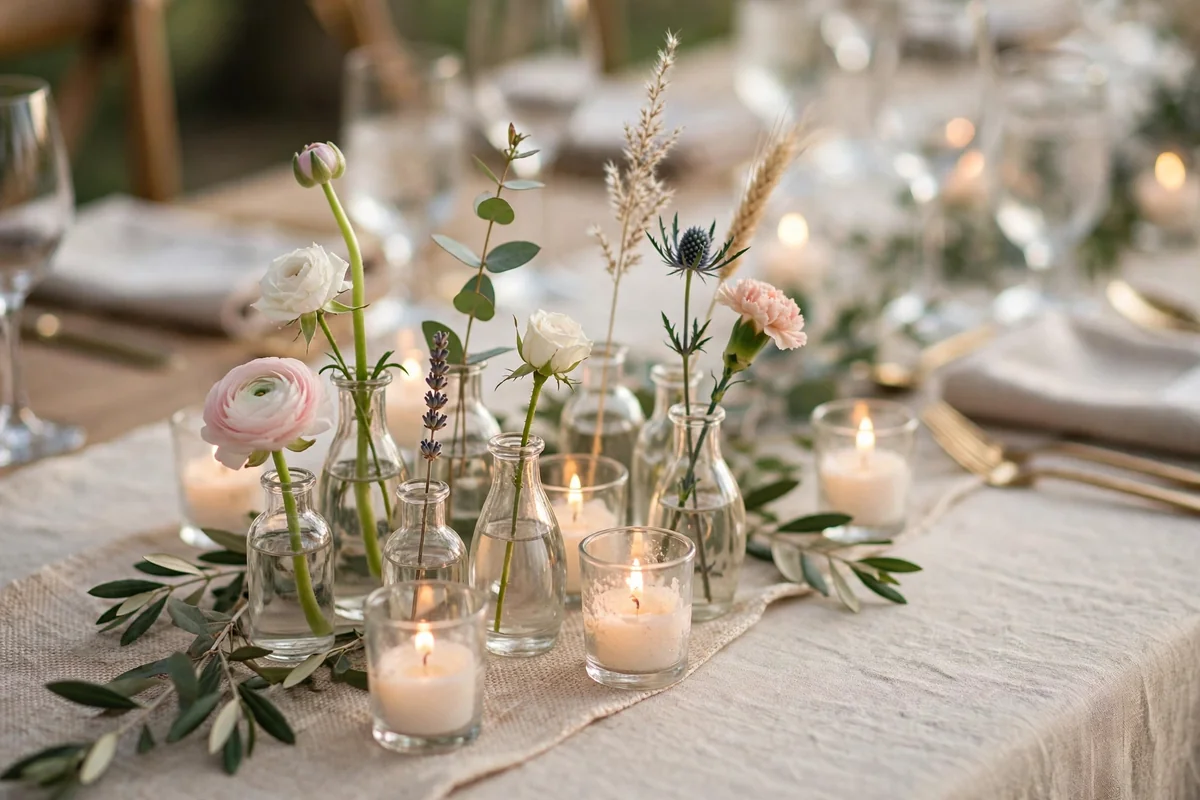 Cluster of small bud vases with single stems and votives on a wedding table