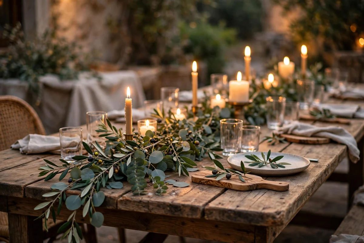 Long wooden banquet table with a loose eucalyptus greenery runner